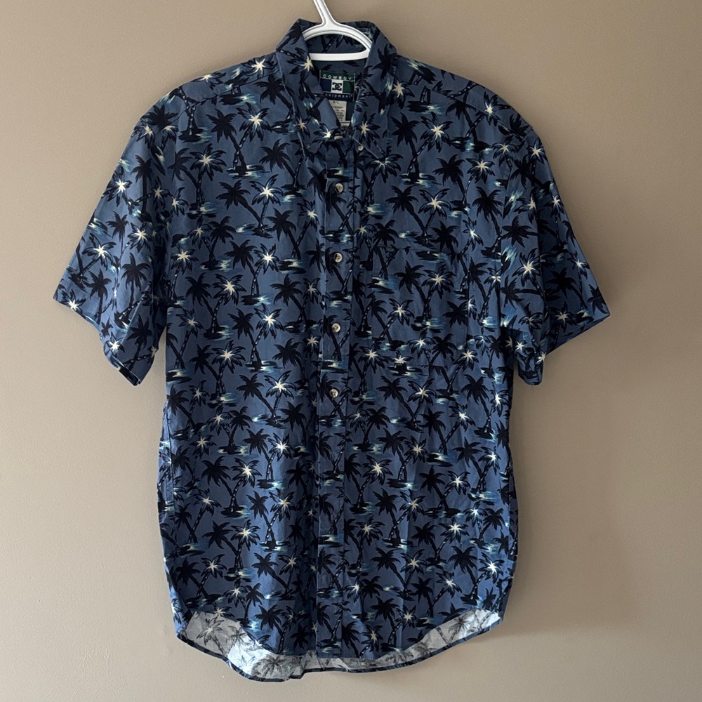 Short Sleeve Button Up Blue Palm Print